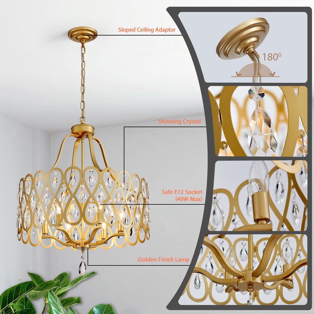 22" Gold Crystal Chandeliers 6 Lights Hanging Pendant Lighting Fixture Metal Farmhouse Chandelier Island Entryway