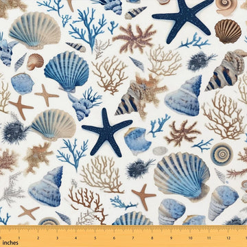 Ocean Life Coastal Fabric by The Yard Shells Coral Starfish Upholstery Fabric for Chairs Blue Beige Brown DIY Art