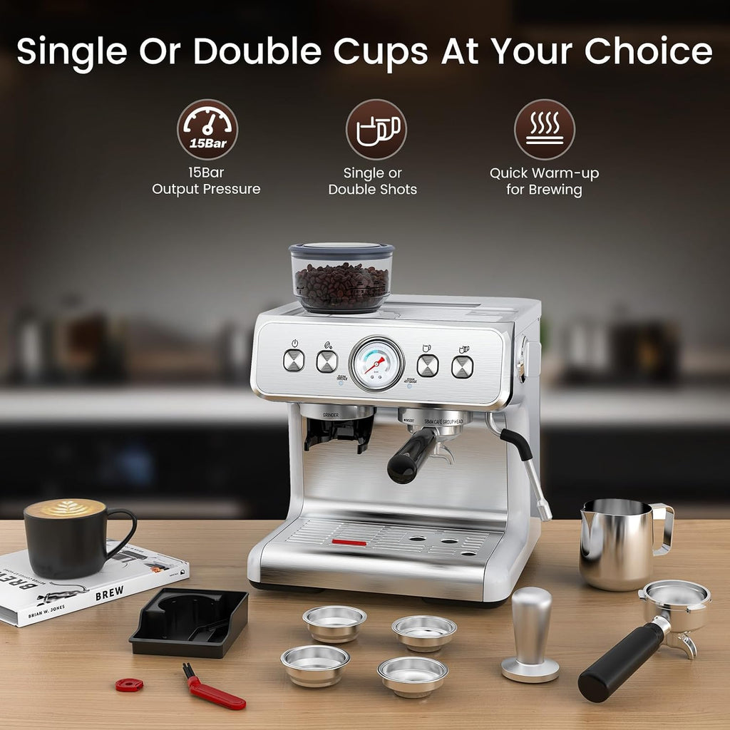 (2026 Upgrade) Espresso Machine with Grinder, Expresso Coffee Machines with Built-in Anti-Clog Coffee Grinder/Milk