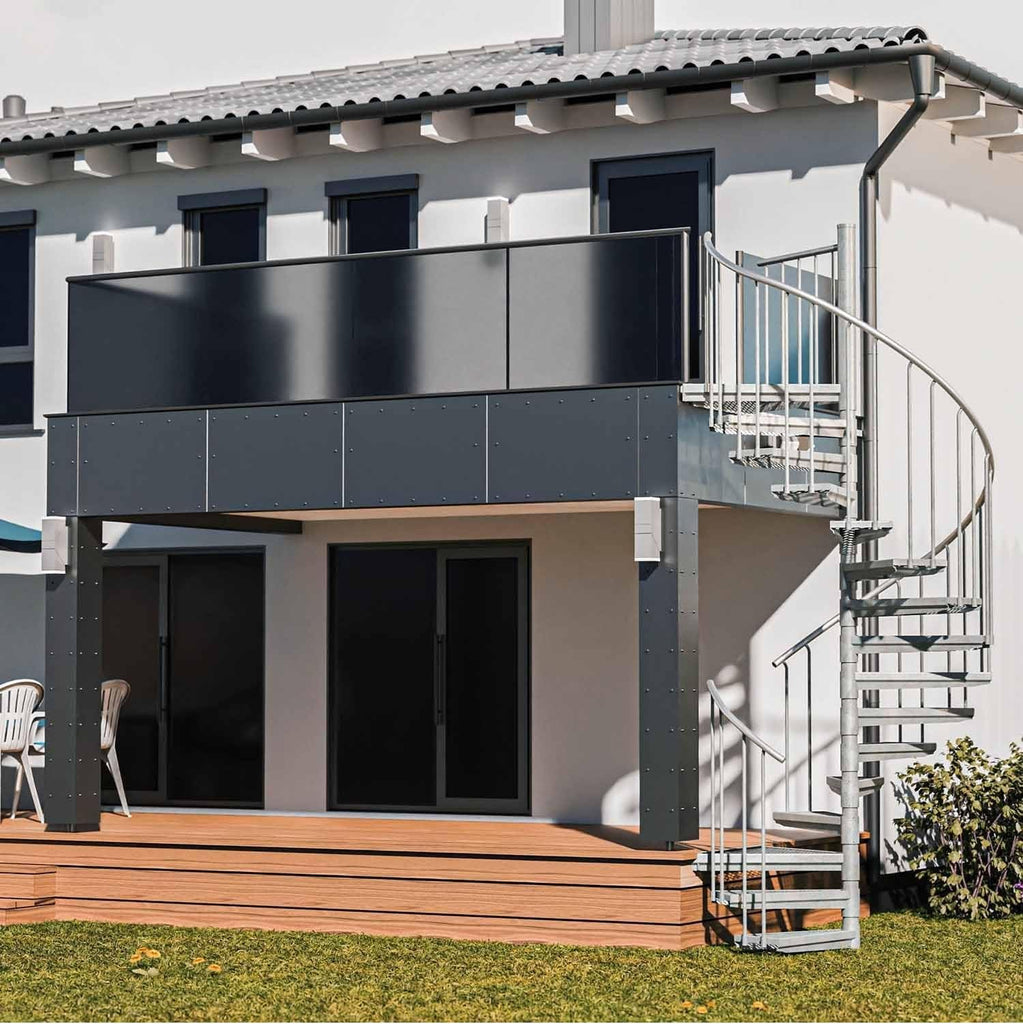 German Outdoor Spiral Staircase, Hot-Dip Galvanized Standpipe Expanded-Metal Step, Aluminum Handrail, 25-Step incl