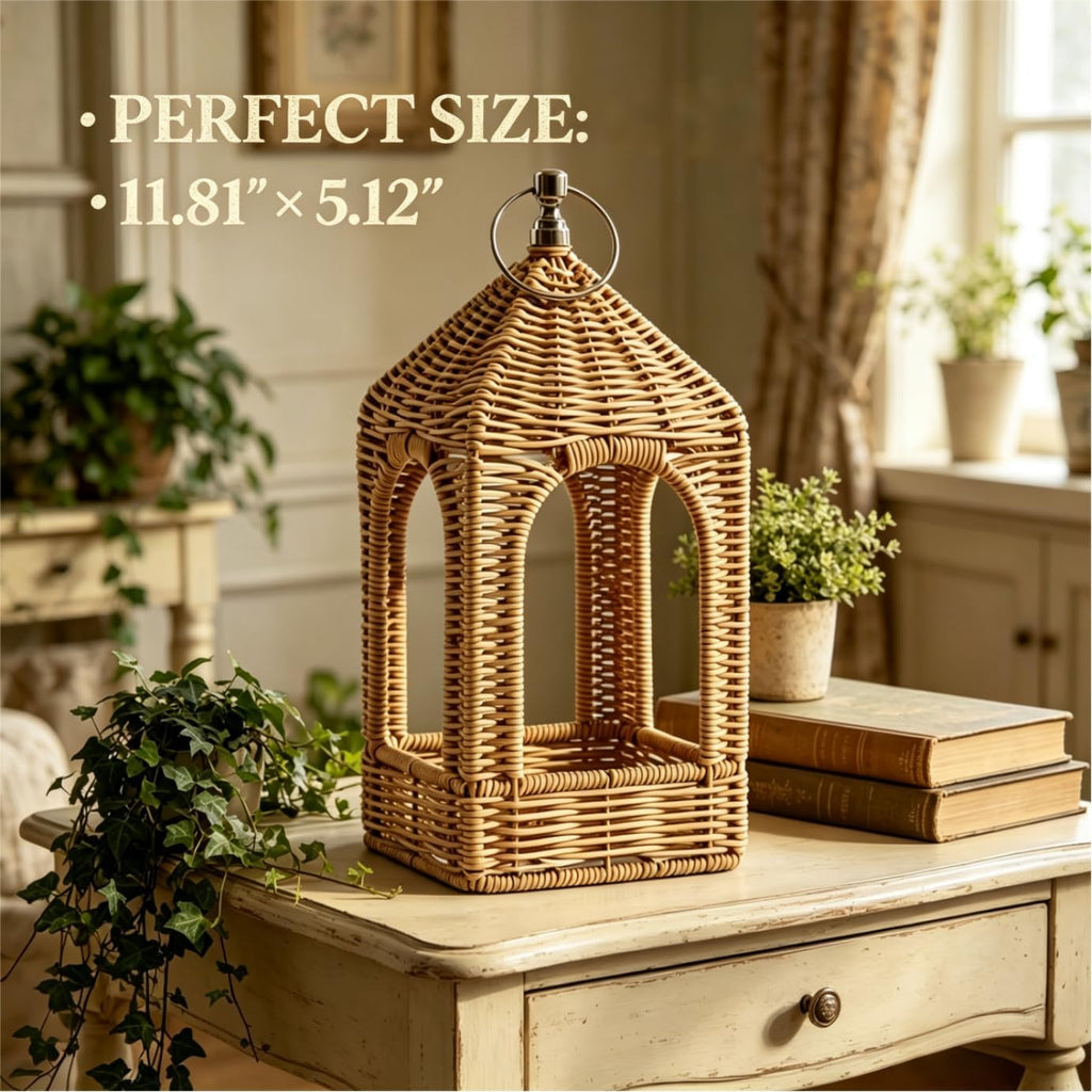 Handmade Artificial Rattan Candle Lantern, Boho Woven Decor Lantern