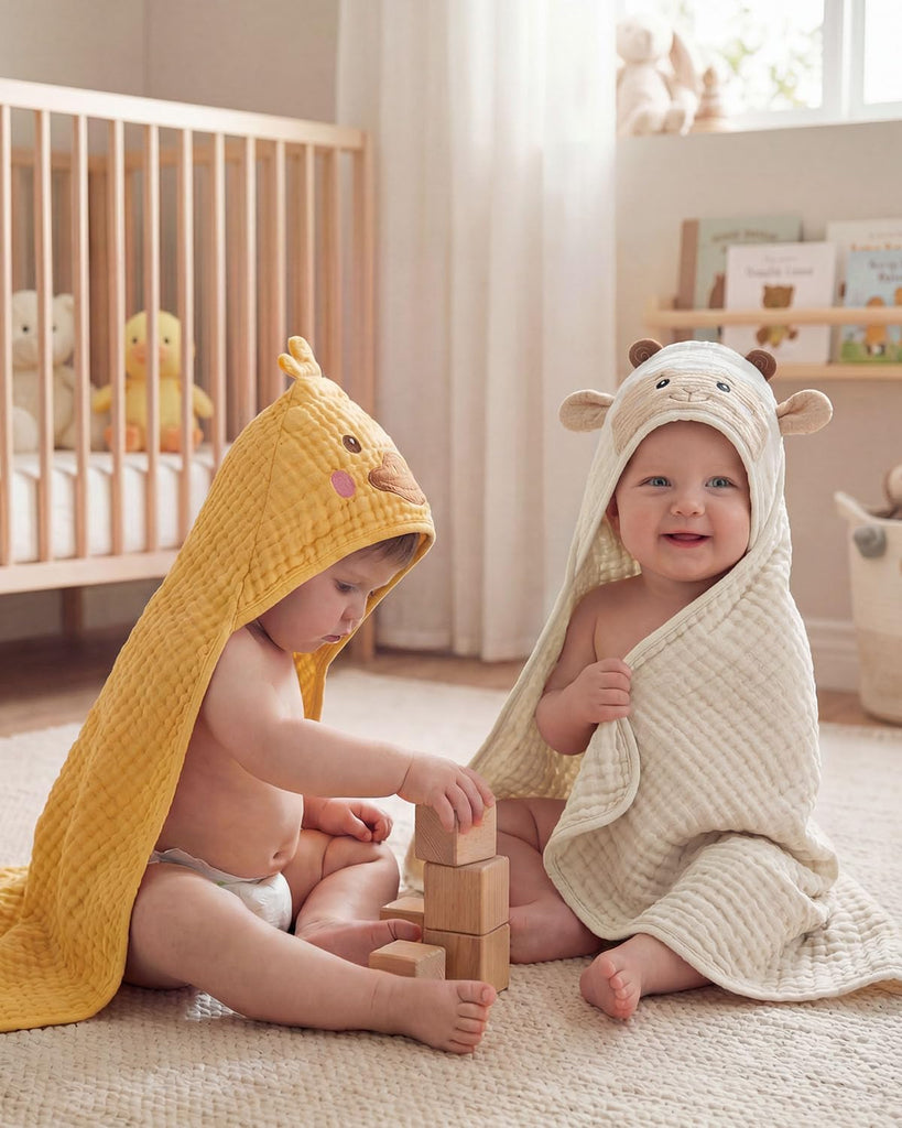 Muslin Baby Hooded Towel 2 Pack, Soft & Absorbent Bath Towel for Infant, Toddler, Unisex, Baby Gift, Newborn