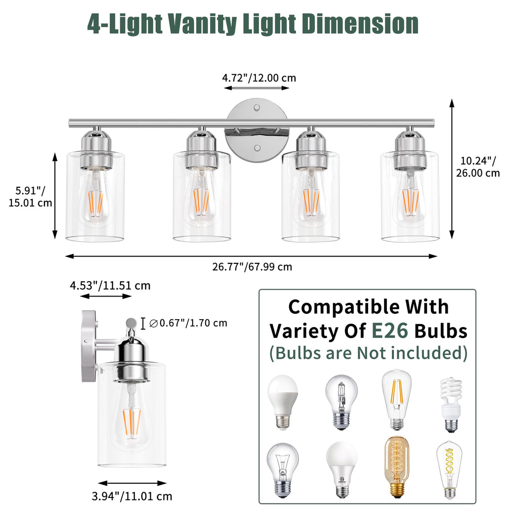 Bathroom Vanity Light Fixtures Polished Chrome, 4 Lights Rustic Farmhouse Vanity Bar Lighting Over Mirror Modern