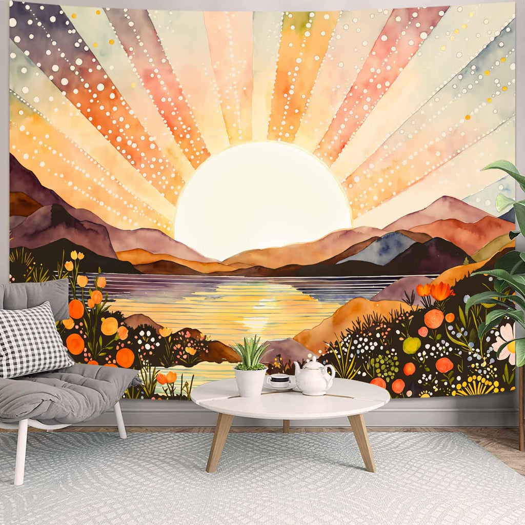 Sunburst Watercolor Tapestry - Landscape Wall Hanging with Mountains and Lake - Boho Aesthetic Decor Tapestries