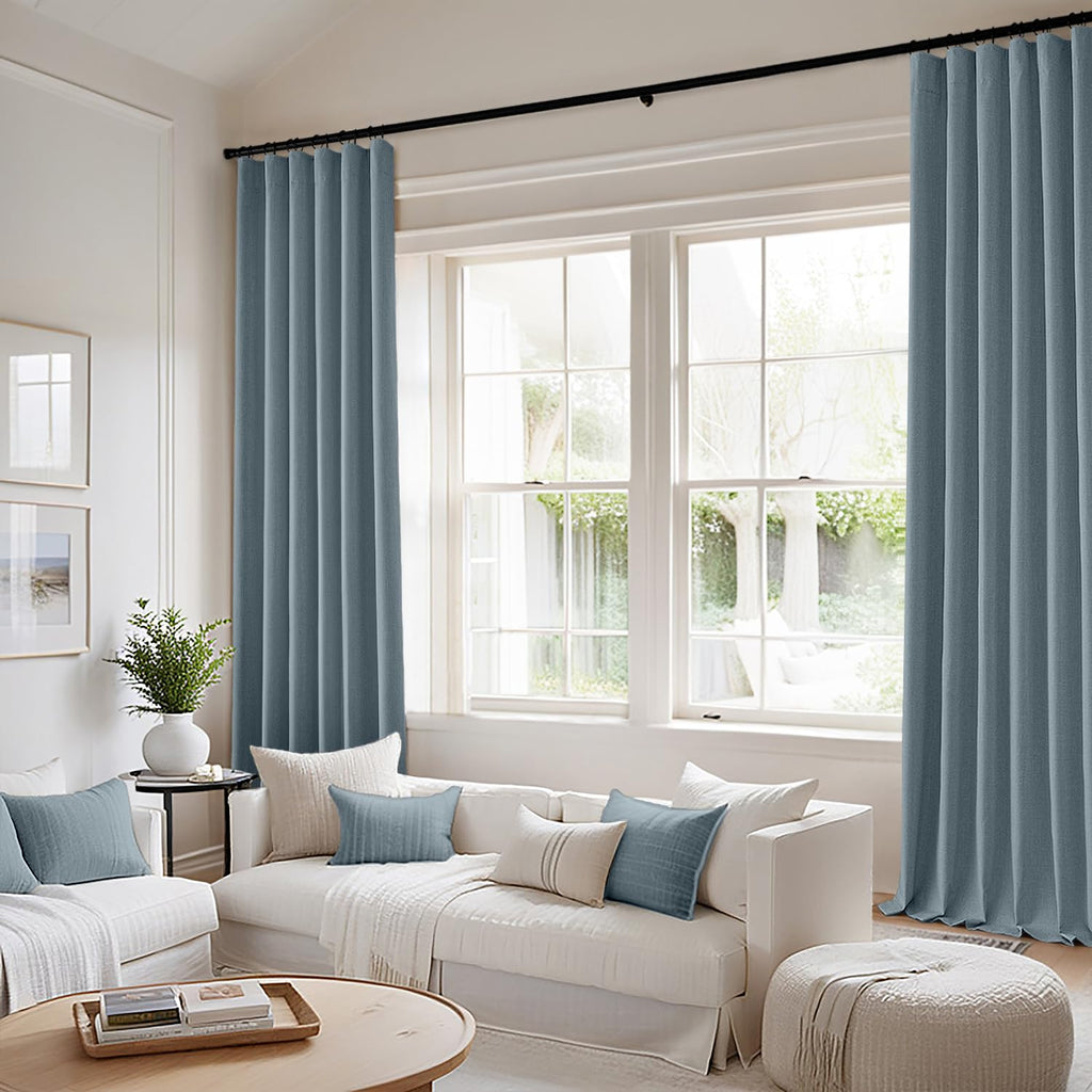 100% Blackout Back Tab Pleat Linen Curtains 50" Wx120 L, Stone Blue