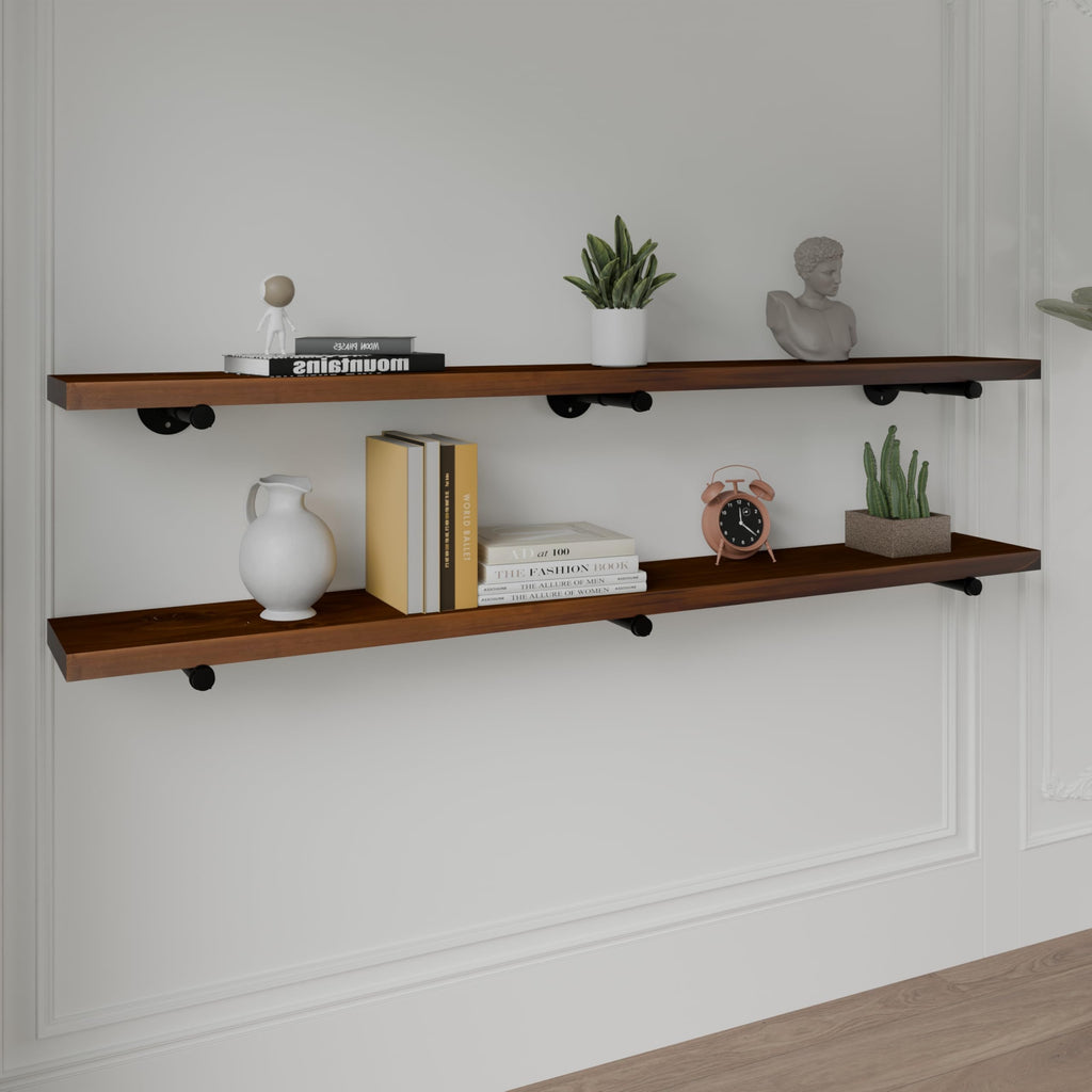 Industrial Pipe Wall Shelves - 60"" Warm Walnut Solid Wood, 12"" Deep Floating Shelving for Farmhouse Rustic Decor