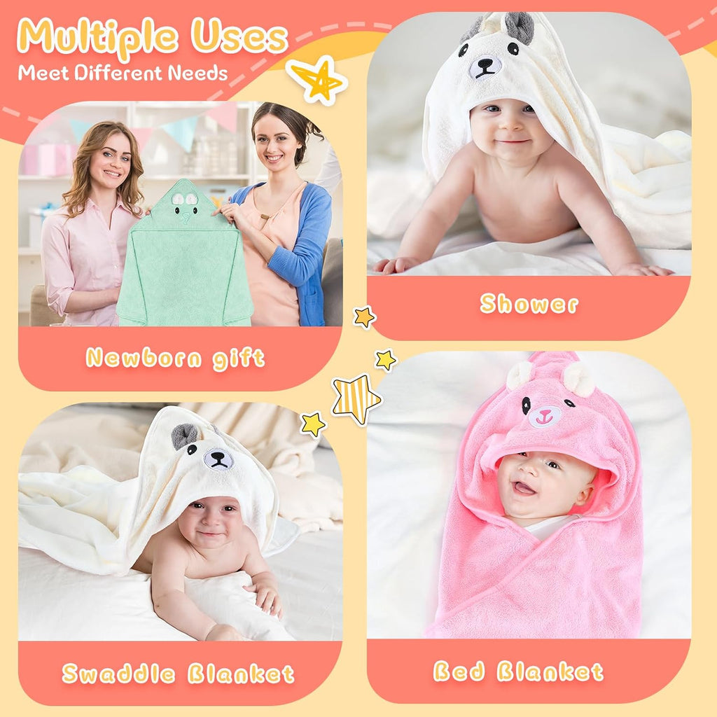 4 Pcs Baby Bath Towel 31.5 x 31.5 Inch Coral Fleece Baby Hooded Towel Absorbent Soft Babys Towels for Newborn Cartoon