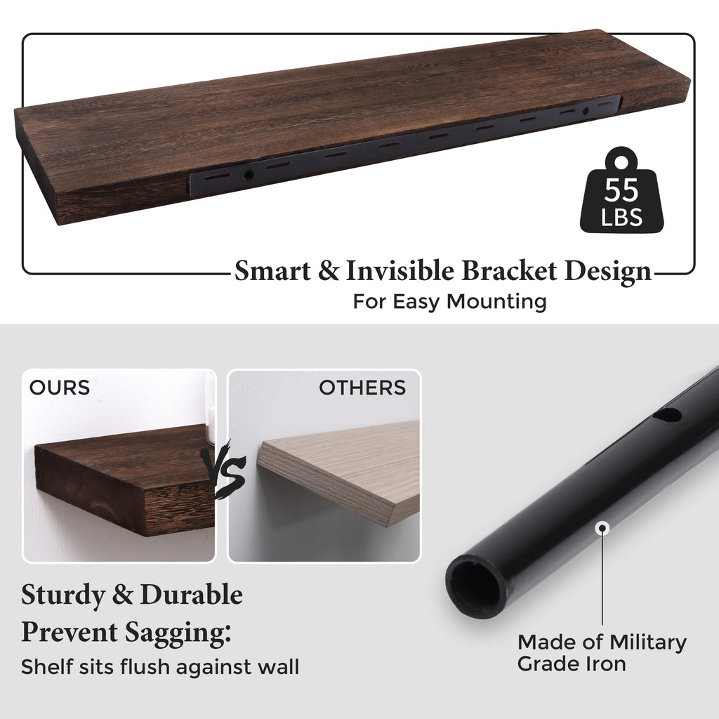 Floating Shelves, 8 Inch Deep Rustic Solid Wood Wall Shelves for Storage, Wall Mounted Display Shelving with