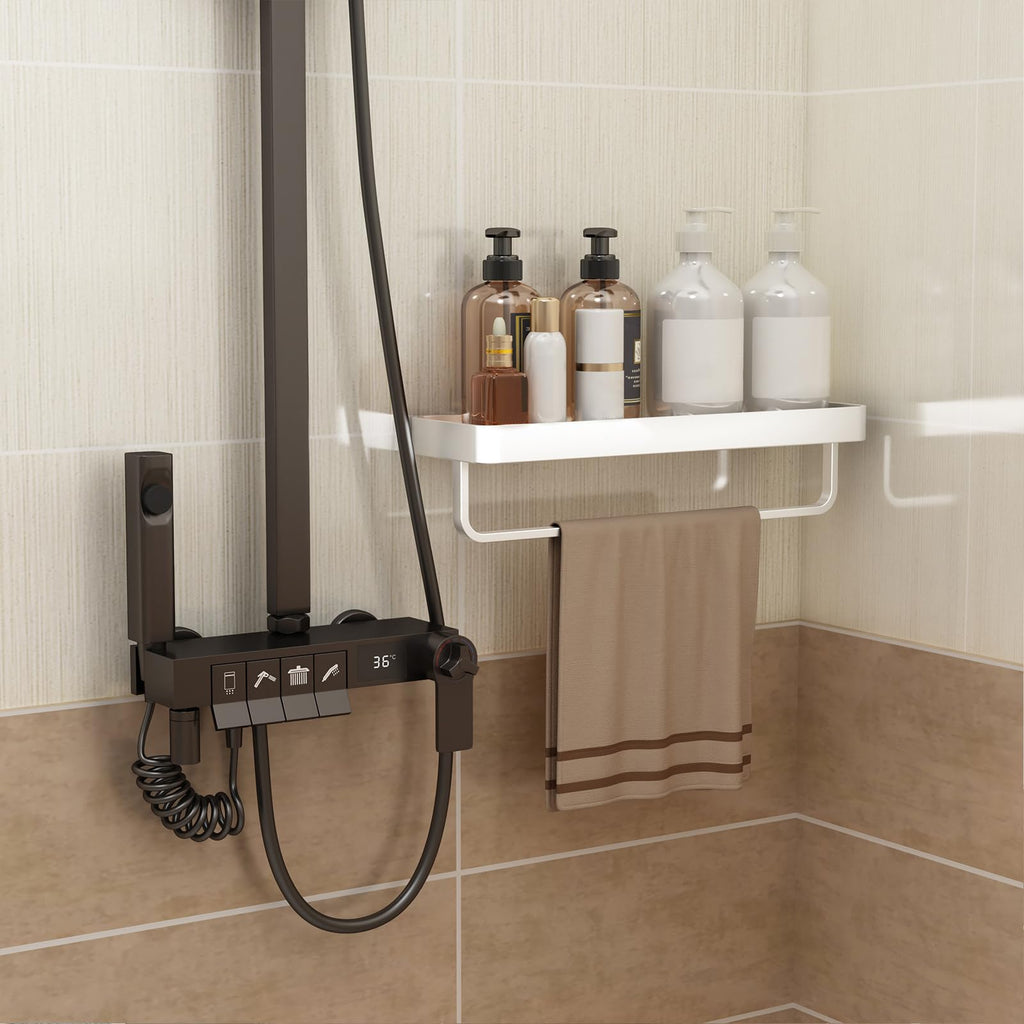 16 Inch Long Floating Bathroom Shelf with Towel Bar, Clear Tempered Glass Wall Shelf with Hand Towel Holder Storage