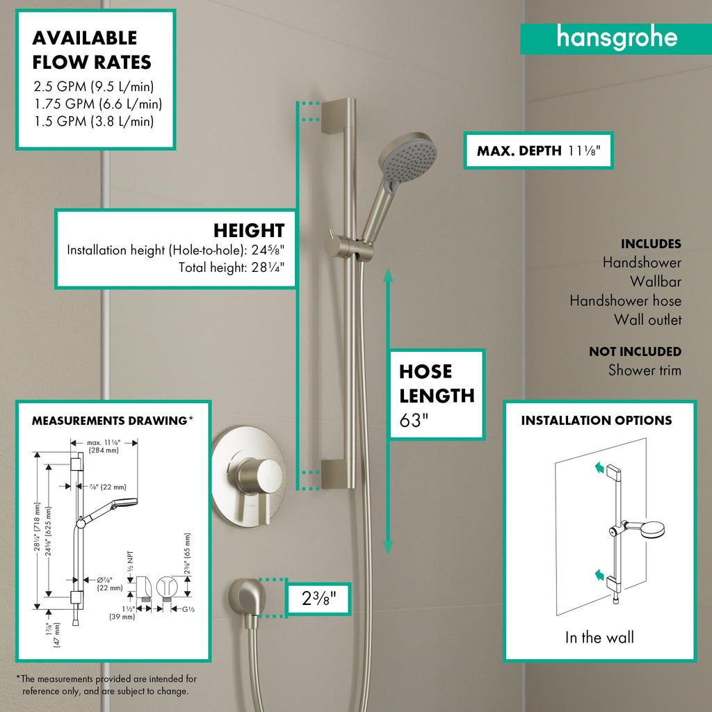 Vernis Blend 11-inch 3-Spray Handshower with Slide Bar and Hose, Rain, IntenseRain, Handheld Shower Head System in
