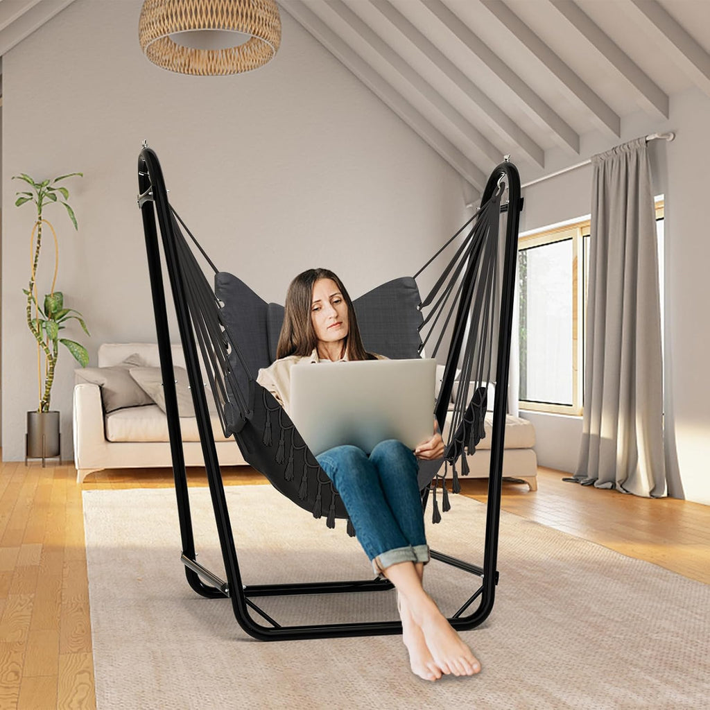 Unique U-Shaped Hammock Chair with Stand,Sturdy & Rust-Resistant,Free Gray Cotton Hammock Chair | U-Shape Anti-Tip