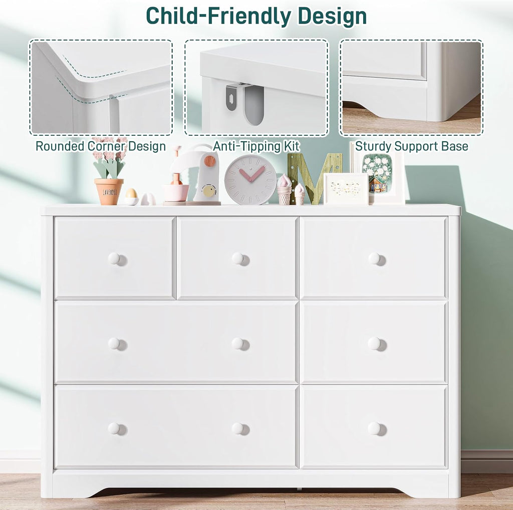 7 Drawers Dresser Cabinet, Kids & Nursery Storage Chest, Multi-Functional Wood Large Chest of Drawers, White Dresser