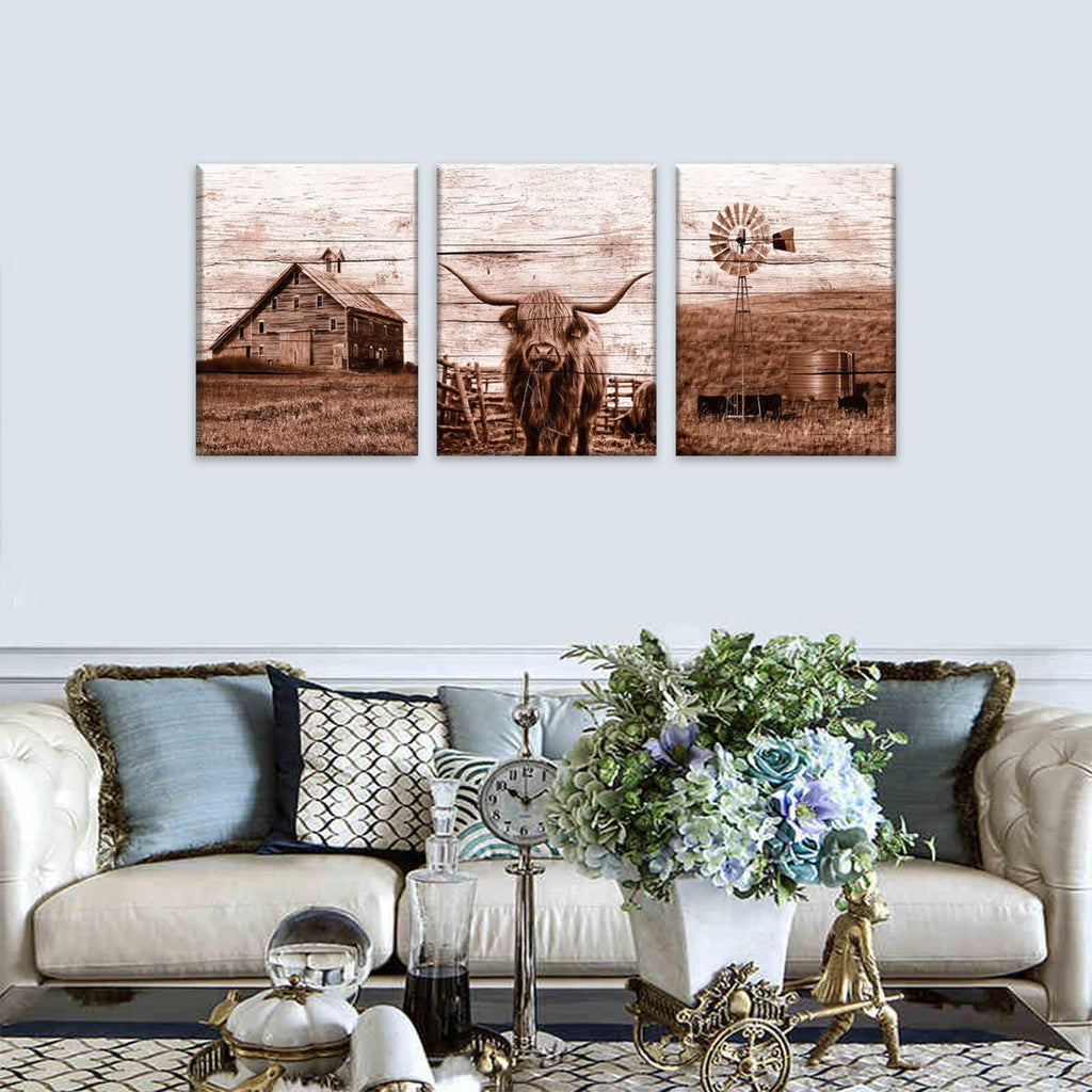 3pcs Farmhouse Highland Cow Wall Art Vintage Highland Cow Wall Art Barn Farmhouse Windmill Canvas Pictures Bedroom