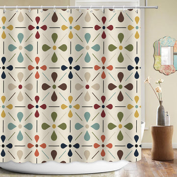 Mid Century Shower Curtains, Vintage Geometric Bathroom Decor Set with Hooks, Washable Kitchen Retro Decorations