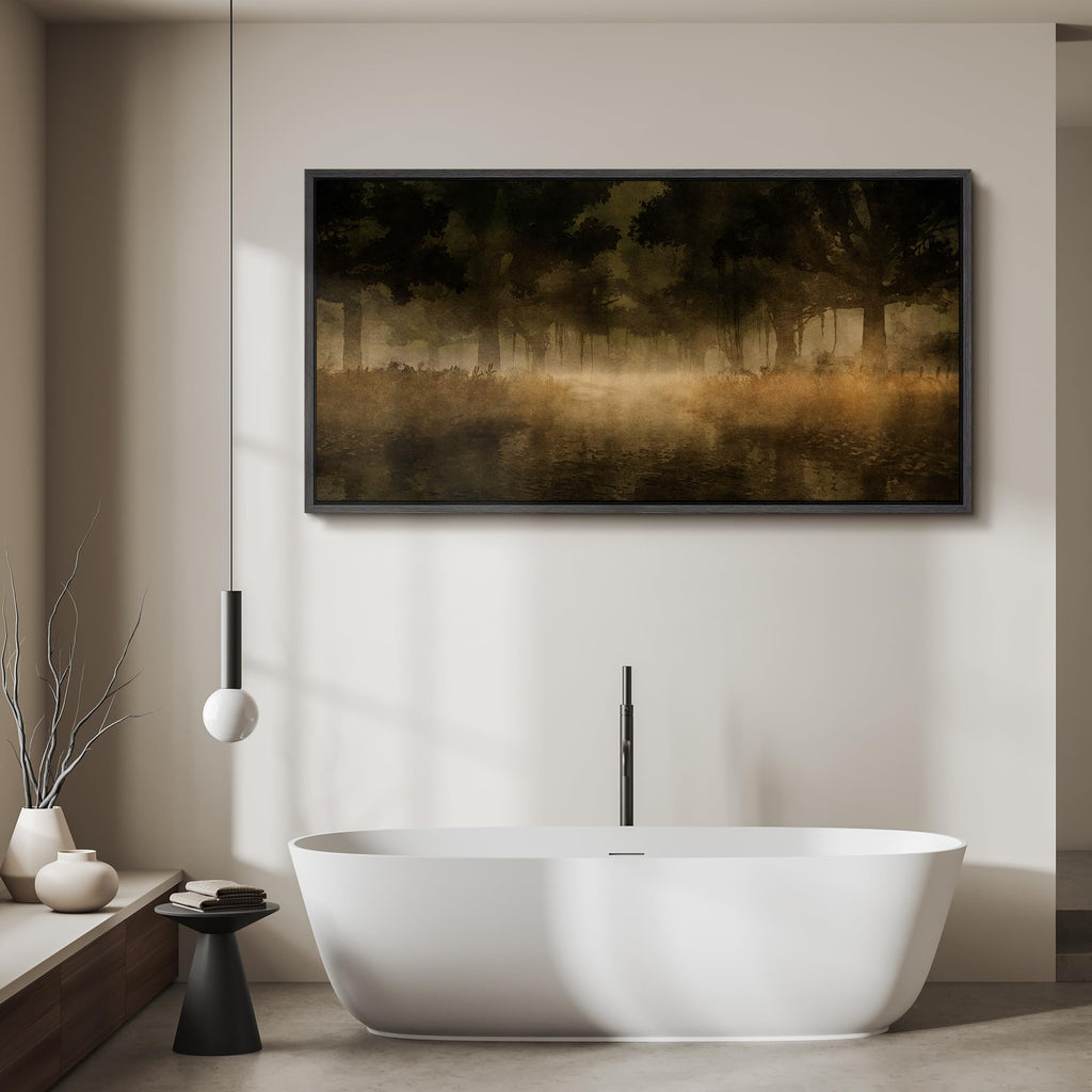 Extra Large Framed Canvas Misty Forest in Earth Tones Watercolor Illustrations Modern Art Calm Warm - 60"" x30