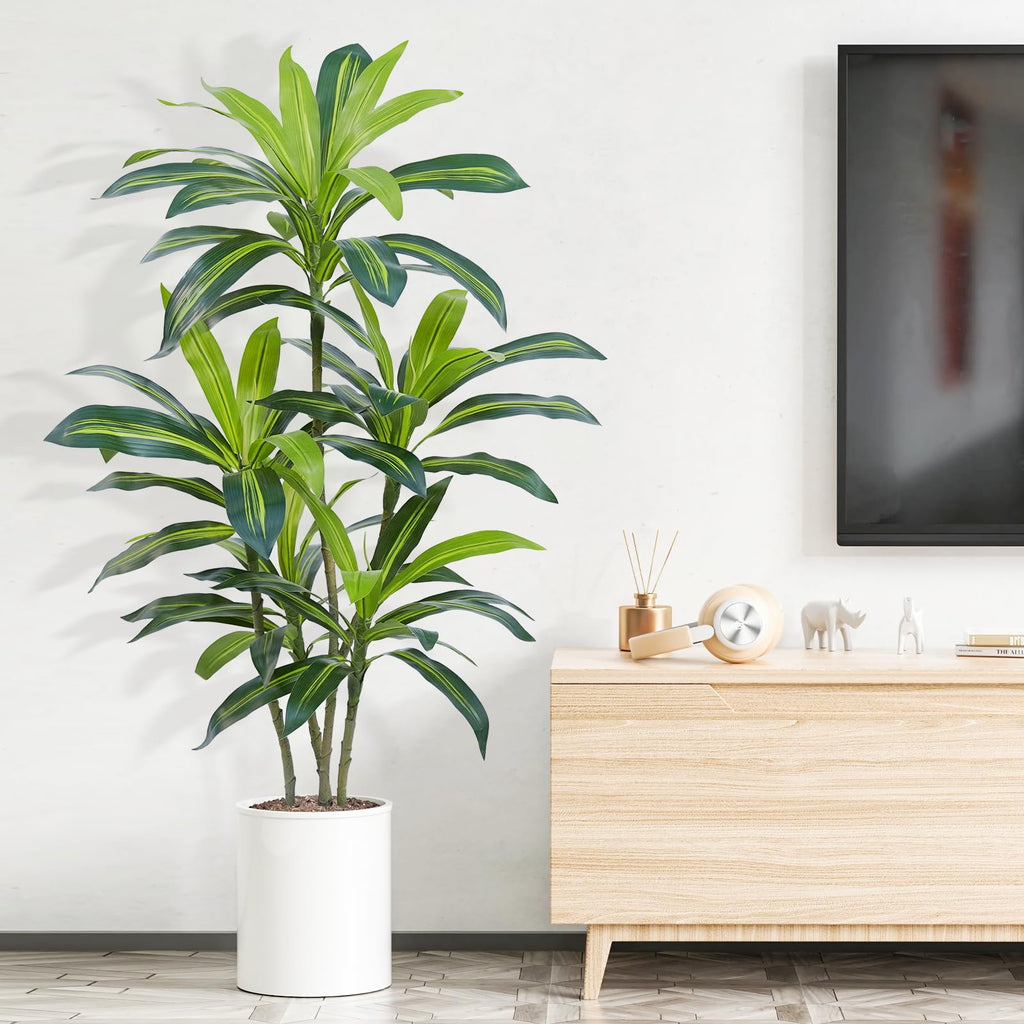 4Ft Dracaena Plant Artificial Tree Fake Tropical Floor Plants Potted (Real Touch) Artificial Silk Tree Faux Trees