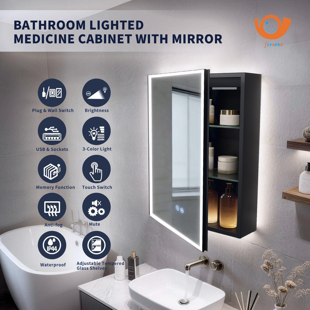 20 x 28 inch LED Bathroom Lighted Medicine Cabinet with Mirror | Anti-Fog, Dimmable 3 Colors Front & Bottom Light