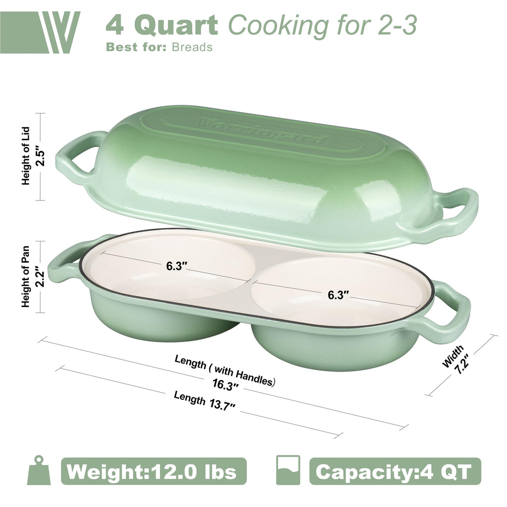 Enameled Cast Iron Double Dutch Oven with Lid, Dual Round Loaf Pan, Bread pan made Sourdough Bread Baking, Green