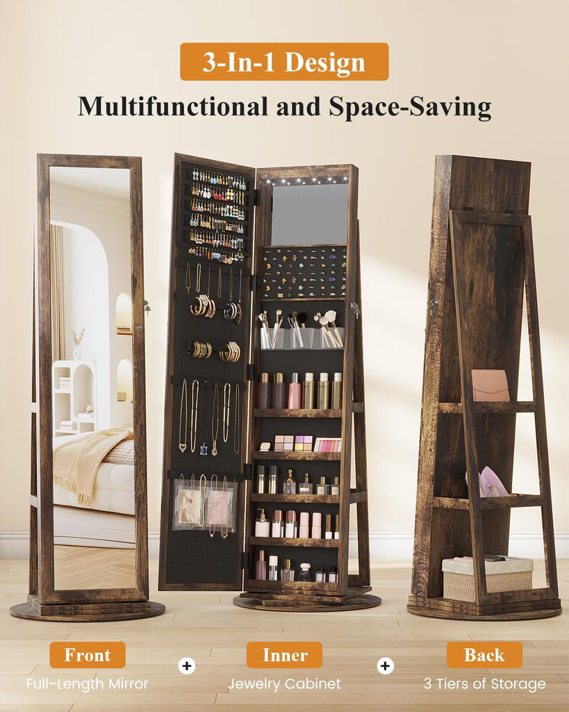 LED Jewelry Cabinet Standing, 360° Swivel Jewelry Armoire, Brown
