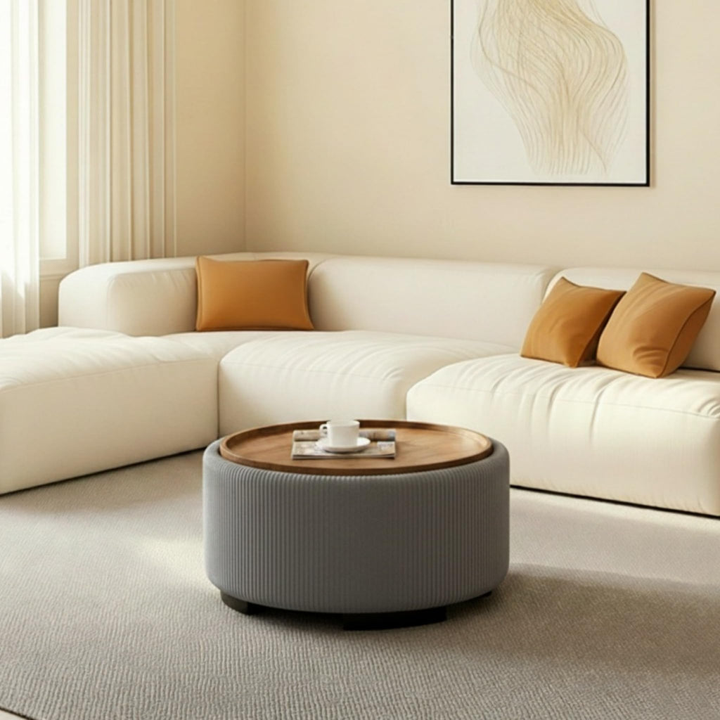 29.5 Inch Round Storage Ottoman Coffee Table, Grey Velvet