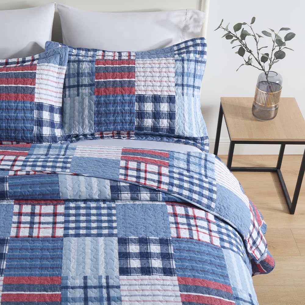 Cotton Bedding Quilt Sets, Soft Reversible Coverlet Sets All Season Blue Bedspread, Plaid Patchwork