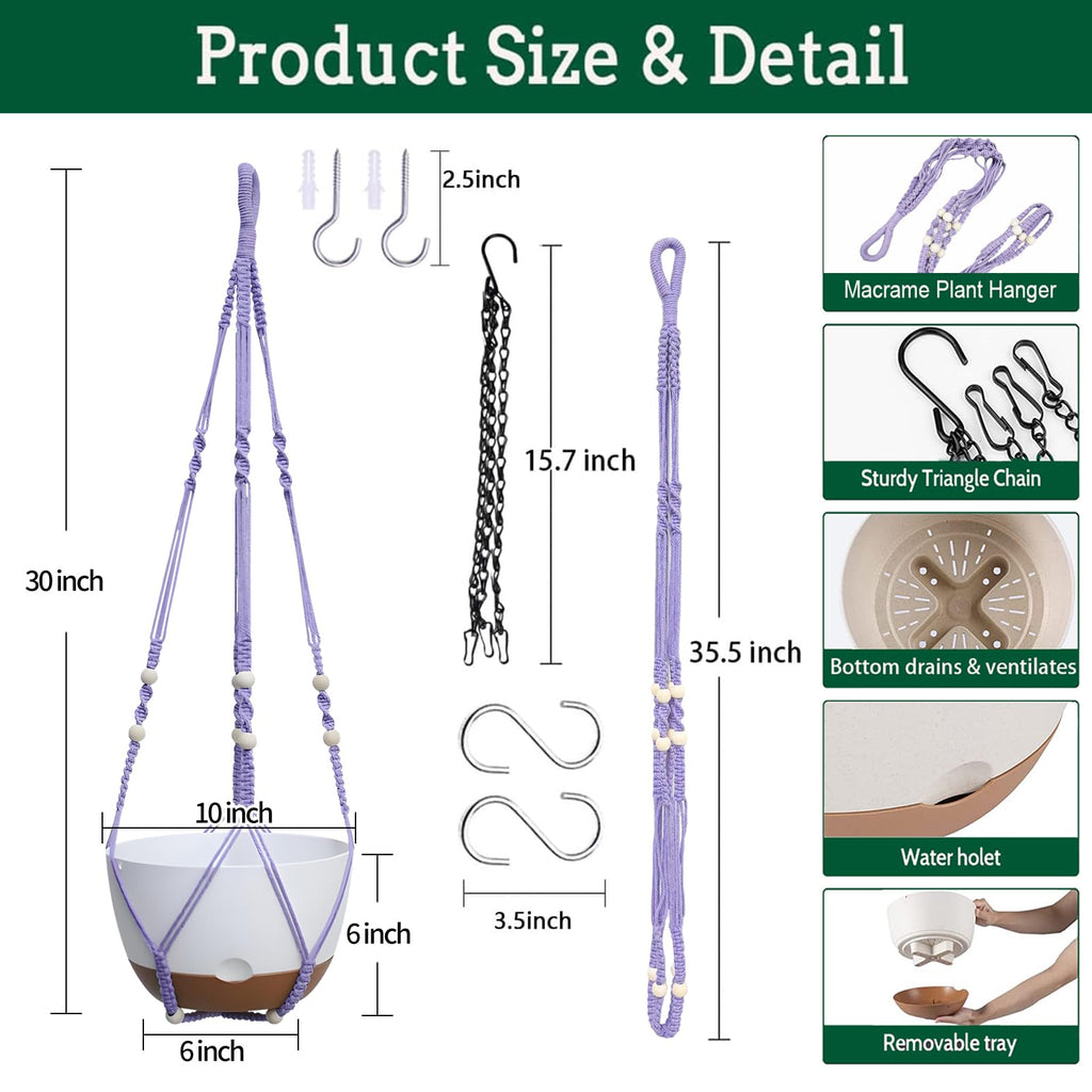 2 Pack Hanging Planters Set, 10 Inch Indoor Outdoor Hanging Plant Pot Basket, Hanging Flower Pot with Drainage Hole
