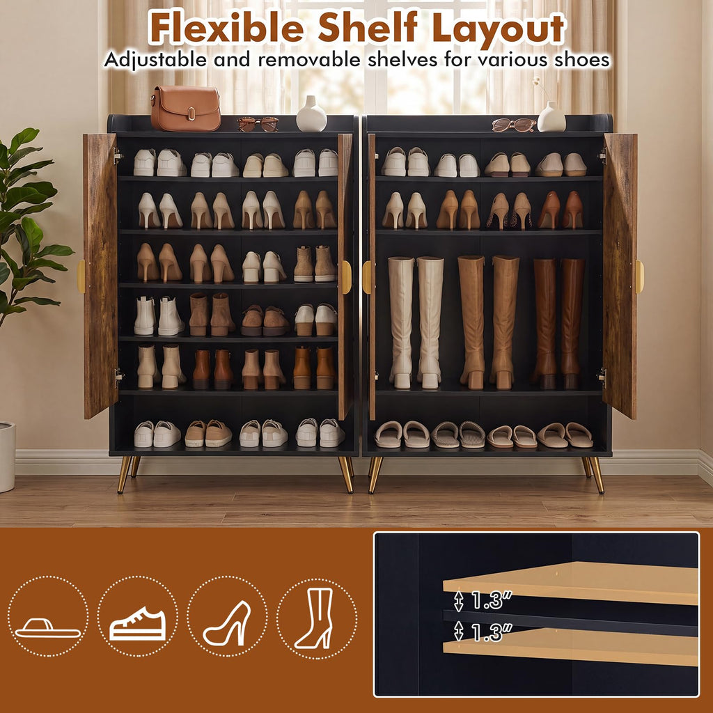 Shoe Storage Cabinet with Doors, Adjustable Shelves, Rustic Brown
