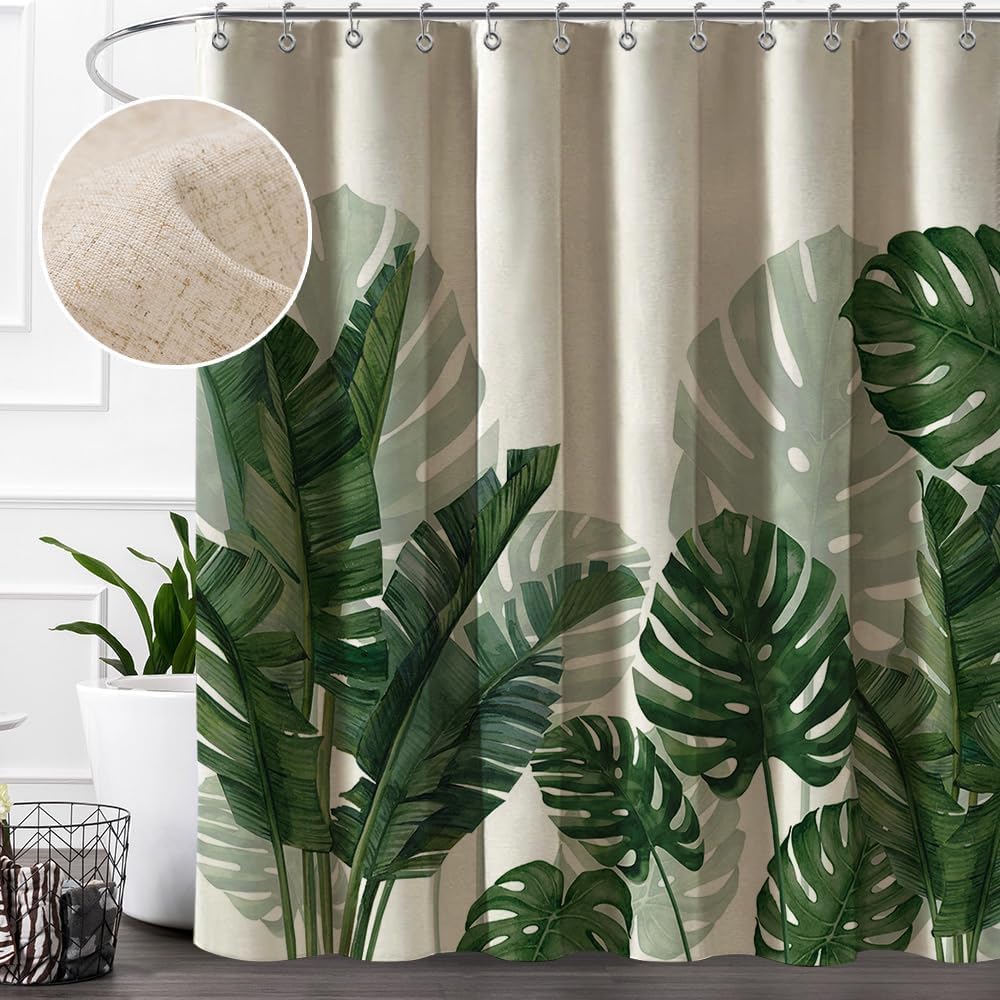 Linen Tropical Green Leaf Shower Curtains Botanical Banana Monstera Leaf Palm Tree Water Repellent Heavy Duty Fabric