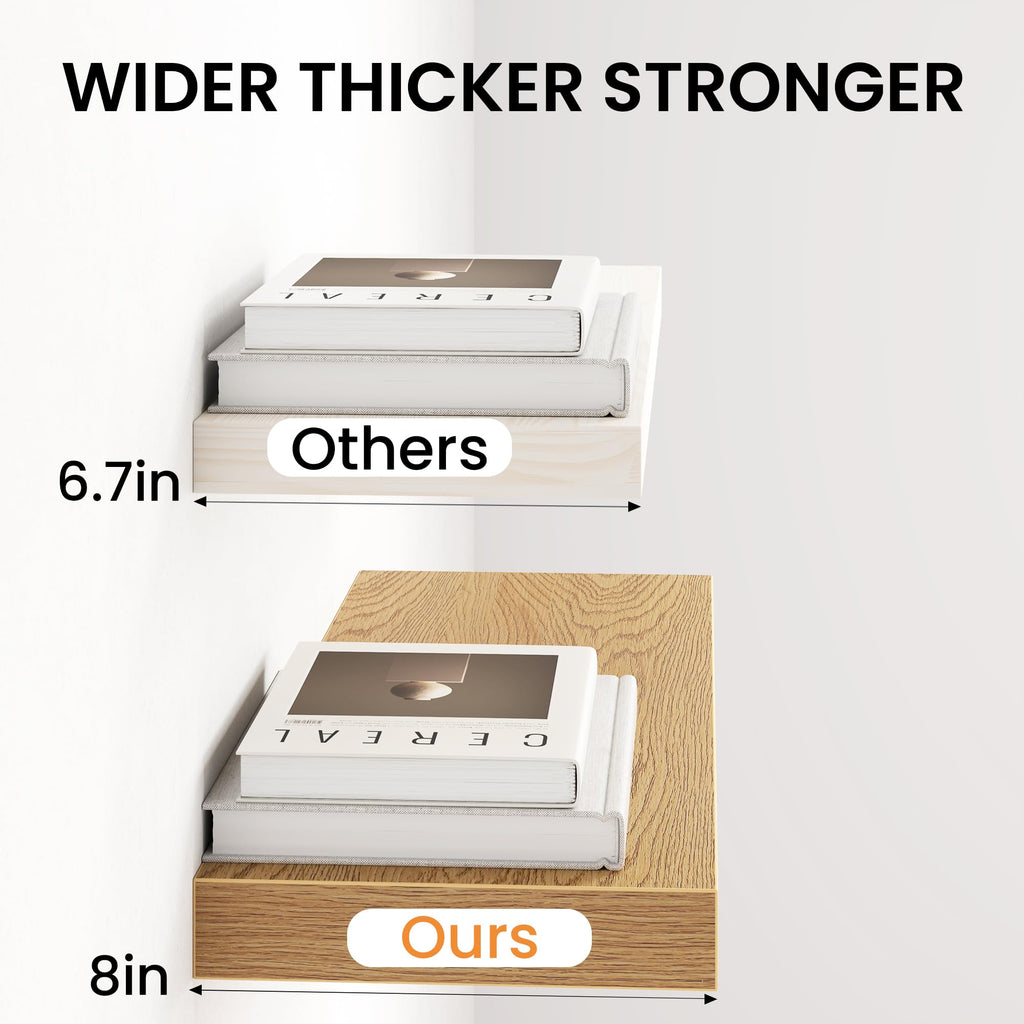 24 Inch Floating Shelves - 8 Inch Deep Rustic Oak Wooden Wall Shelves - Extra Deeper & Thicker Wall Mounted Storage