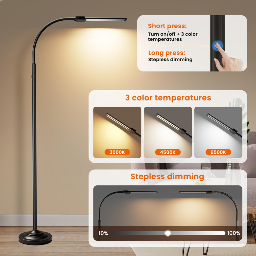Cordless Floor Lamp Rechargeable LED Lamp with Dual Head, 15W, 7800mAh
