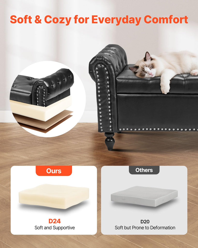 Button-Tufted Storage Ottoman Bench, Rolled Arm PU Leather Bench with Solid Wood Legs, Modern Shoe Benches Seat