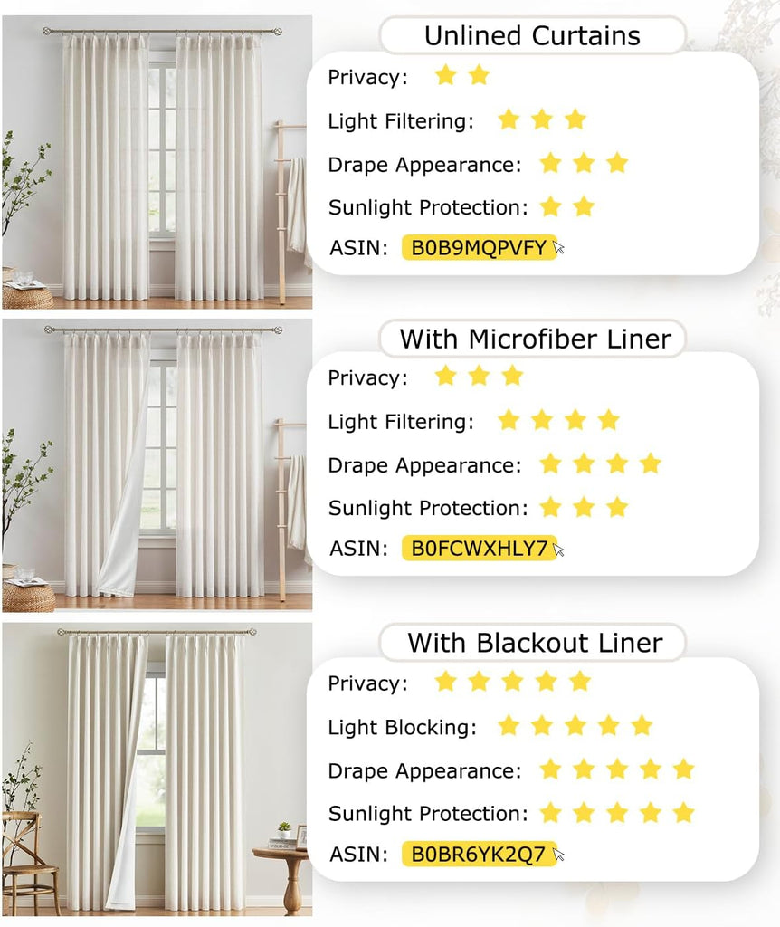 Natural Pinch Pleated Light Filtering Curtains with Microfiber Liner 90 inch Linen Blended Textured Privacy Drapes