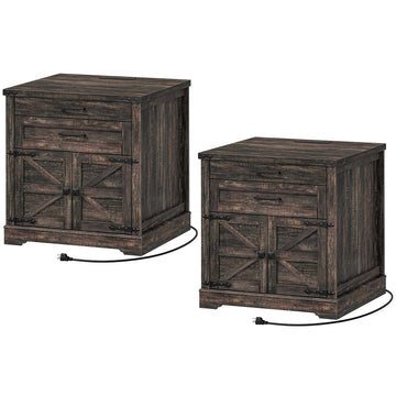 Farmhouse End Table Set of 2, 24'' Sofa Side Table with 2 Drawers and Barn Door, Large Rustic Wooden Square