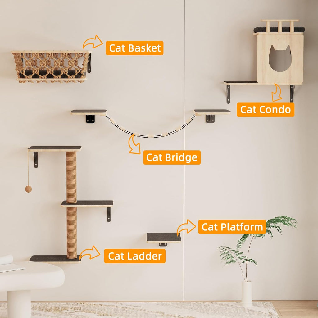 5-in-1 Cat Wall Shelves Set with Hammock, Wall-Mounted Cat Furniture Includes Condo, Bridge, Ladder & Steps