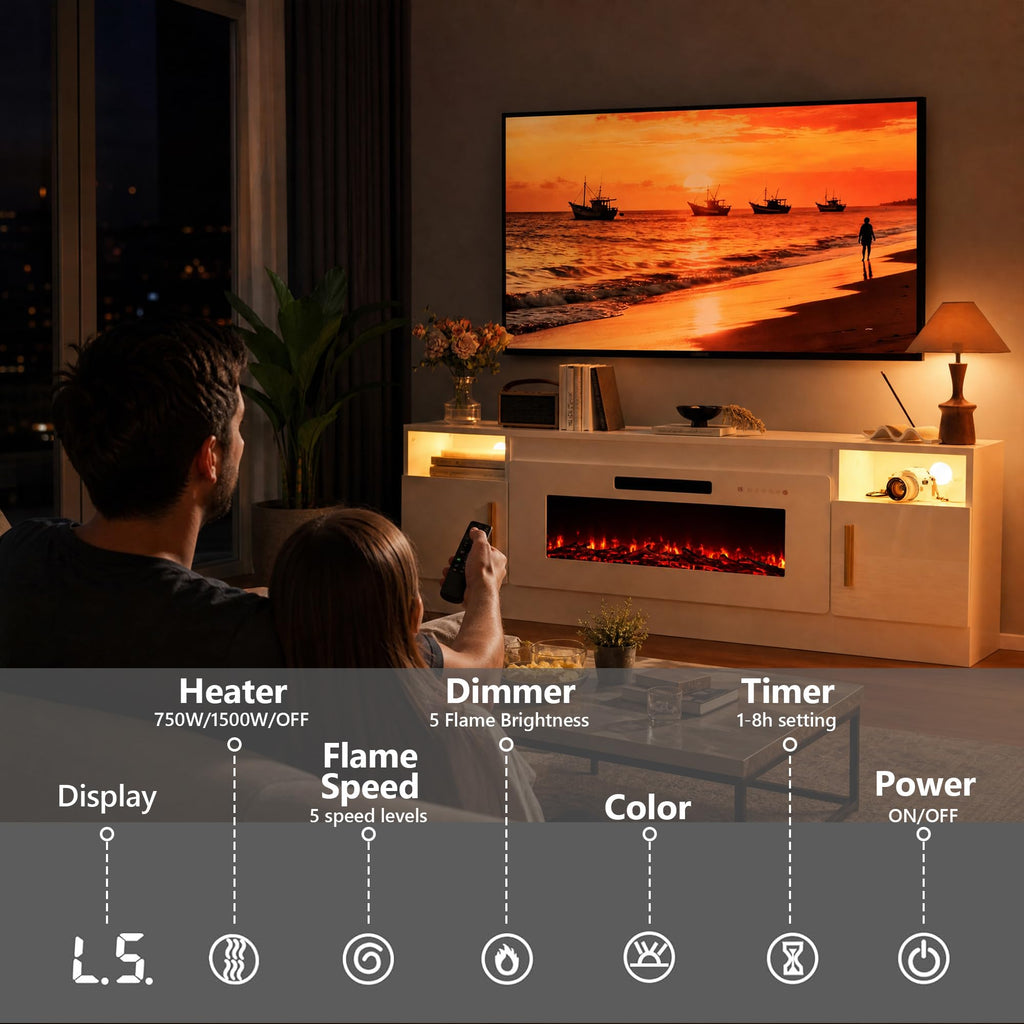 With 40'' Electric Fireplace, 70'' TV Media Entertainment Center with Fireplace Up to 80 inch, Modern LED TV Console