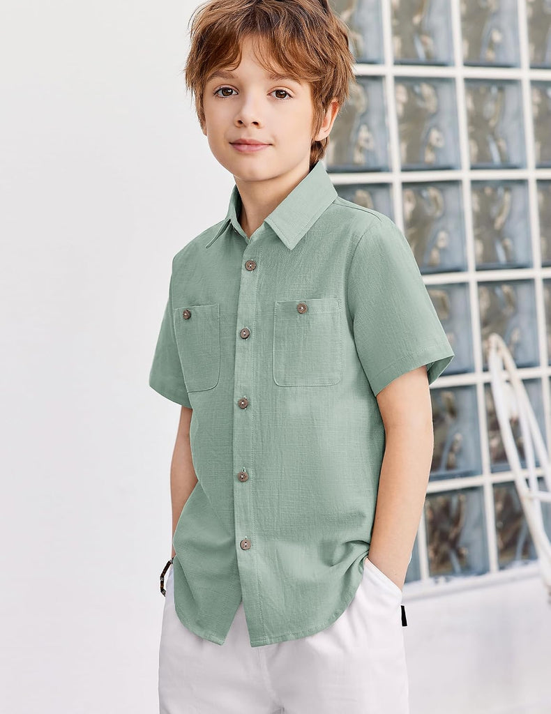 Boys Chambray Button Down Shirt Cotton Short Sleeve Shirt