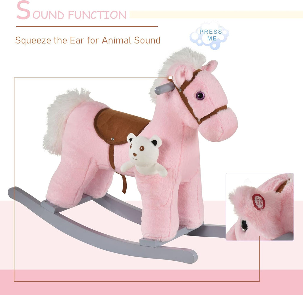 Kids Rocking Horse with Bear Toy Fun Realistic Sounds Toddler Pink