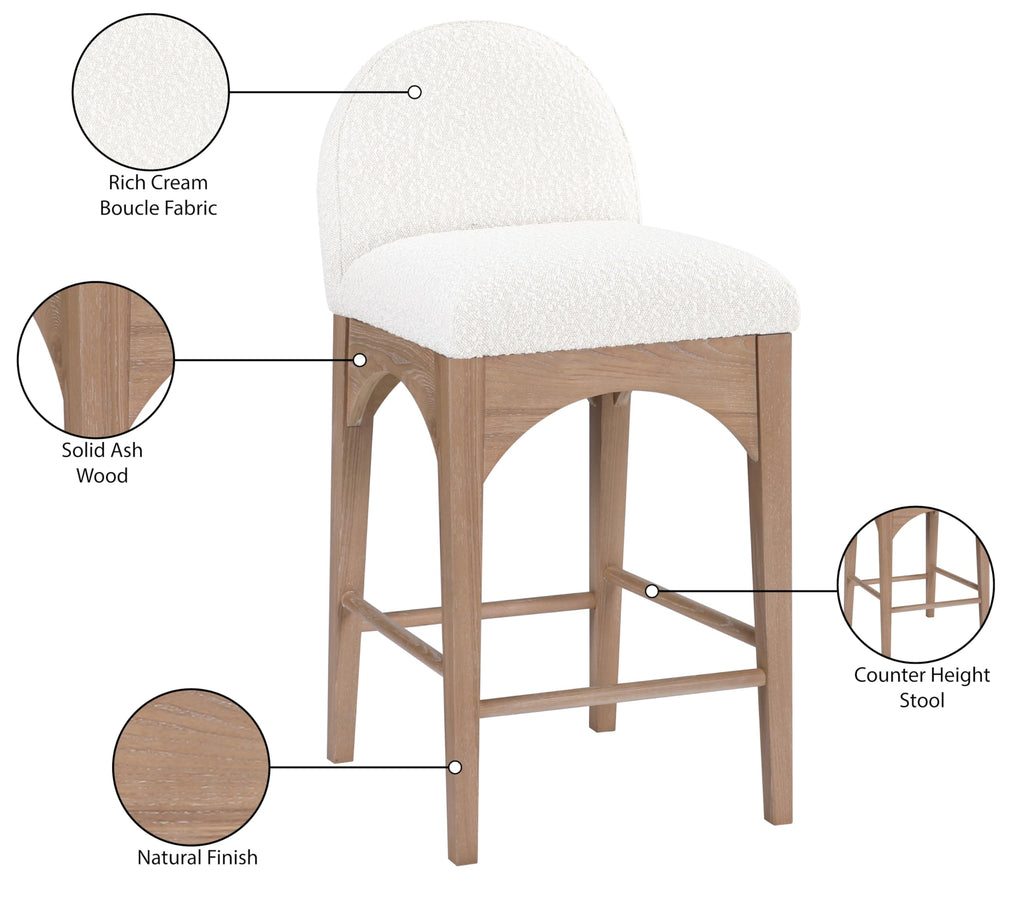 394Cream-C Waldorf Collection Art Deco Stool with Rich Cream Boucle Fabric, Solid Ash Wood, Natural Finish, Counter