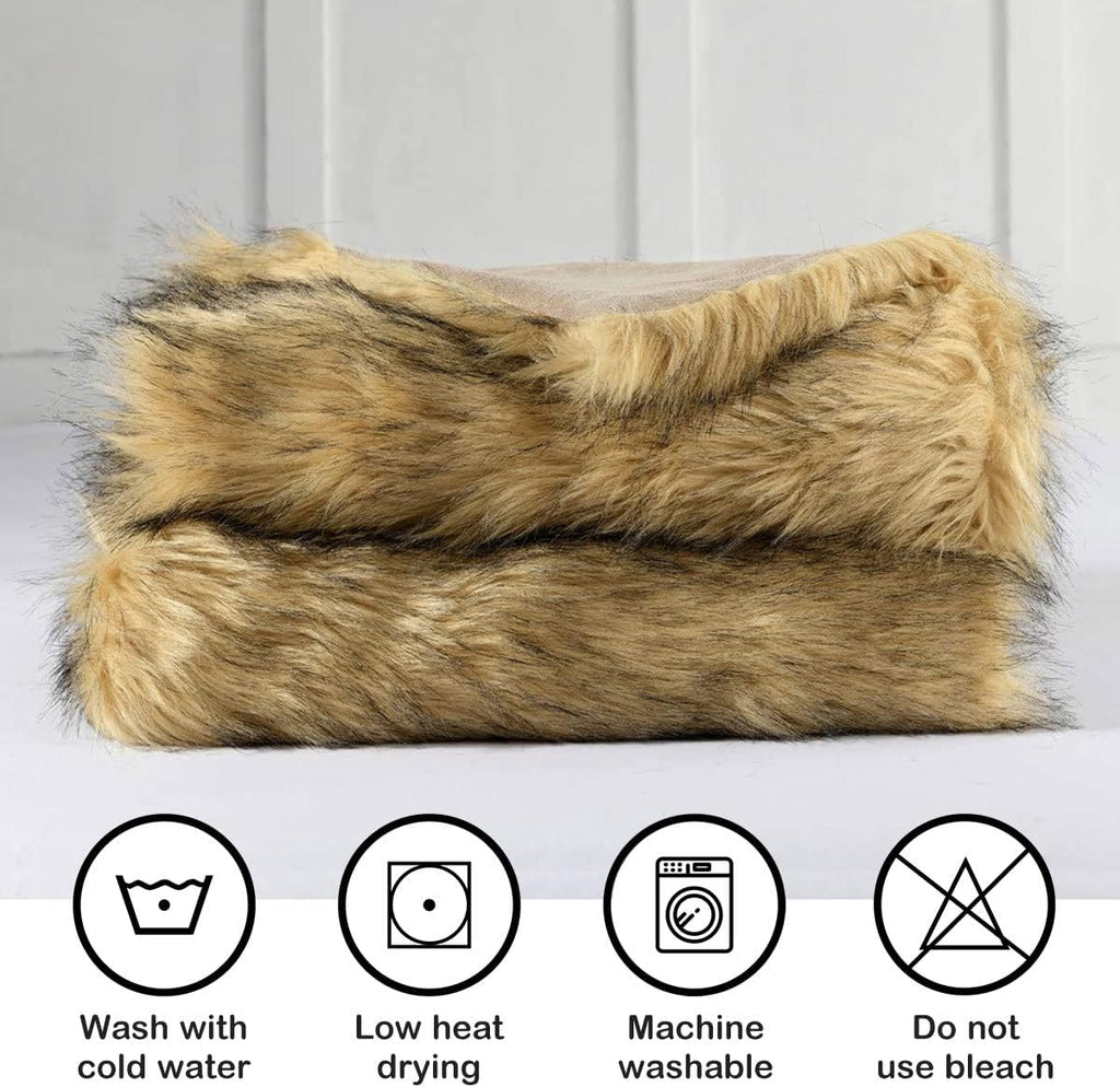 Plush Faux Fur Blanket King Size, Long Pile Golden Yellow with Black Tips Throw, Oversized Super Warm, Fuzzy