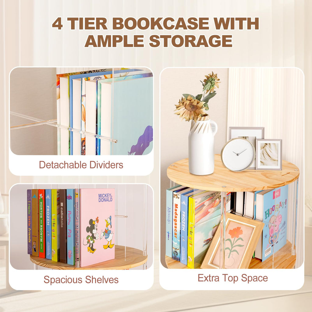 360° Rotating Bookshelf, 4-Tier Spinning Book Shelf Tower with Solid Wood & Clear Acrylic, Round Revolving Bookcase