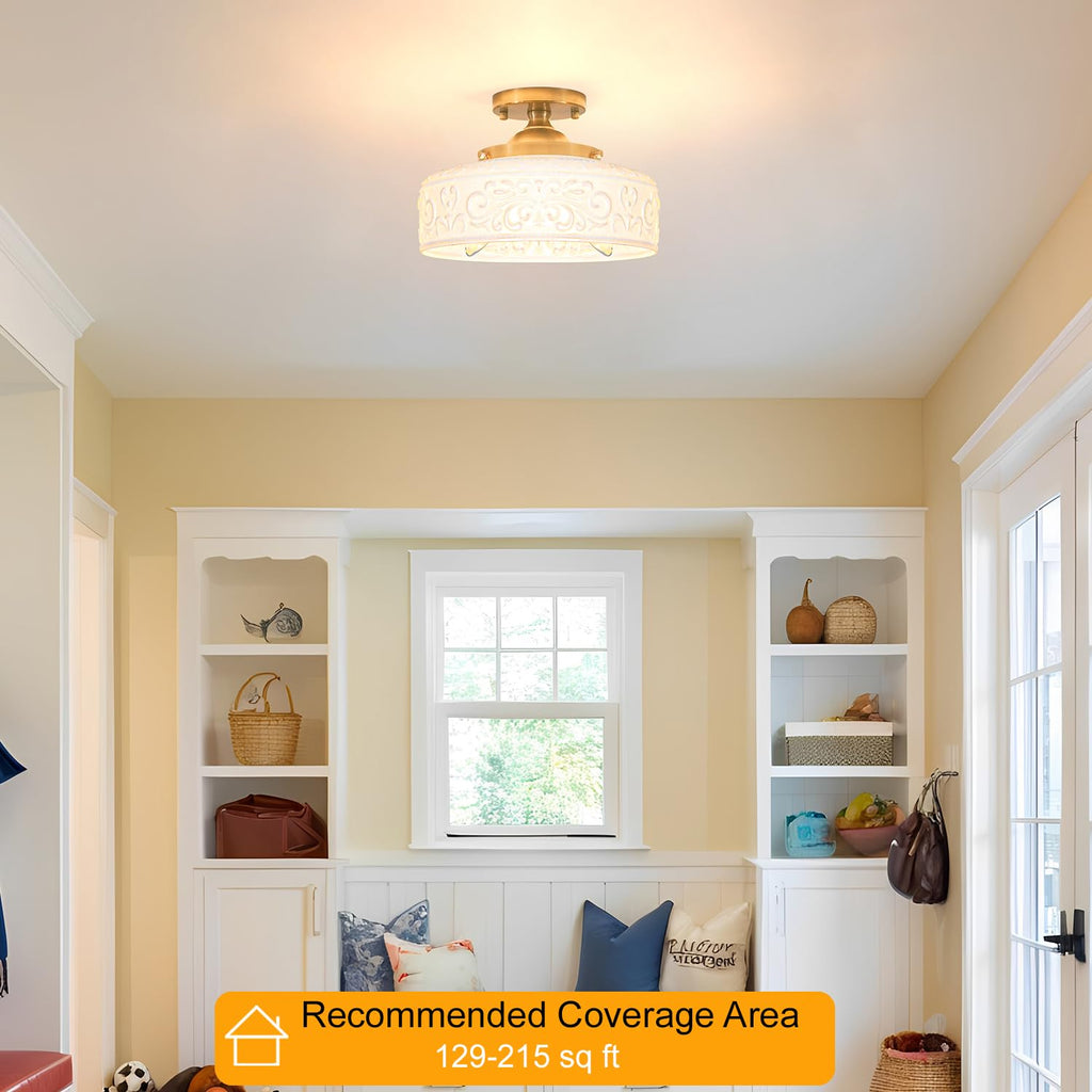 Gold Semi Flush Mount Ceiling Light with Hand-Carved Design - 12 Inch Vintage White Glass Shade with Etched Patterns