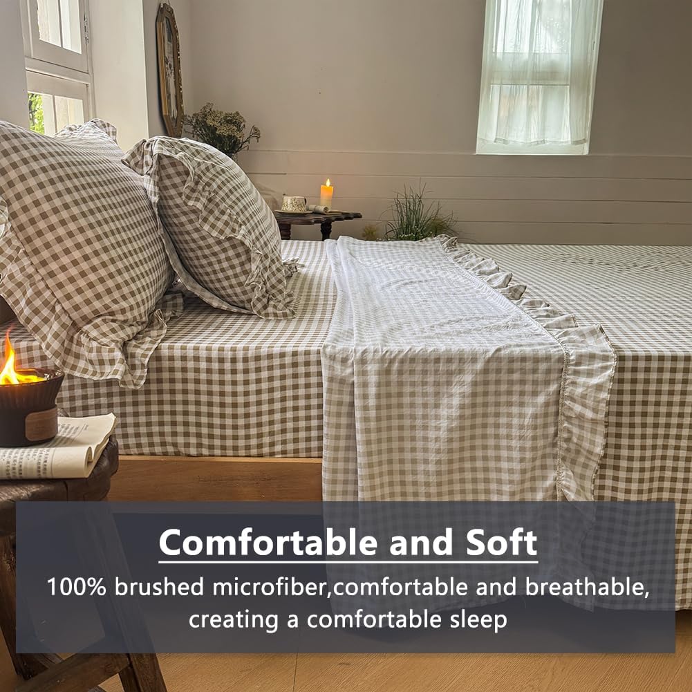 Tan Gingham Ruffle King Sheet Set, Taupe Soft Pre-Washed Microfiber Plaid King Bed Sheets, 4-Pieces Farmhouse Sheet