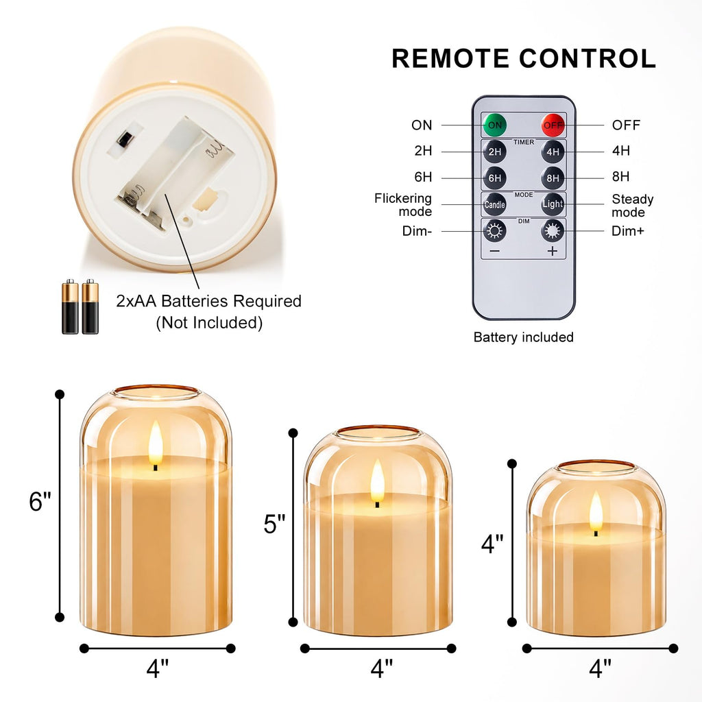 Fall Decorations, Amber Glass Flameless Candles, LED Pillar Candle