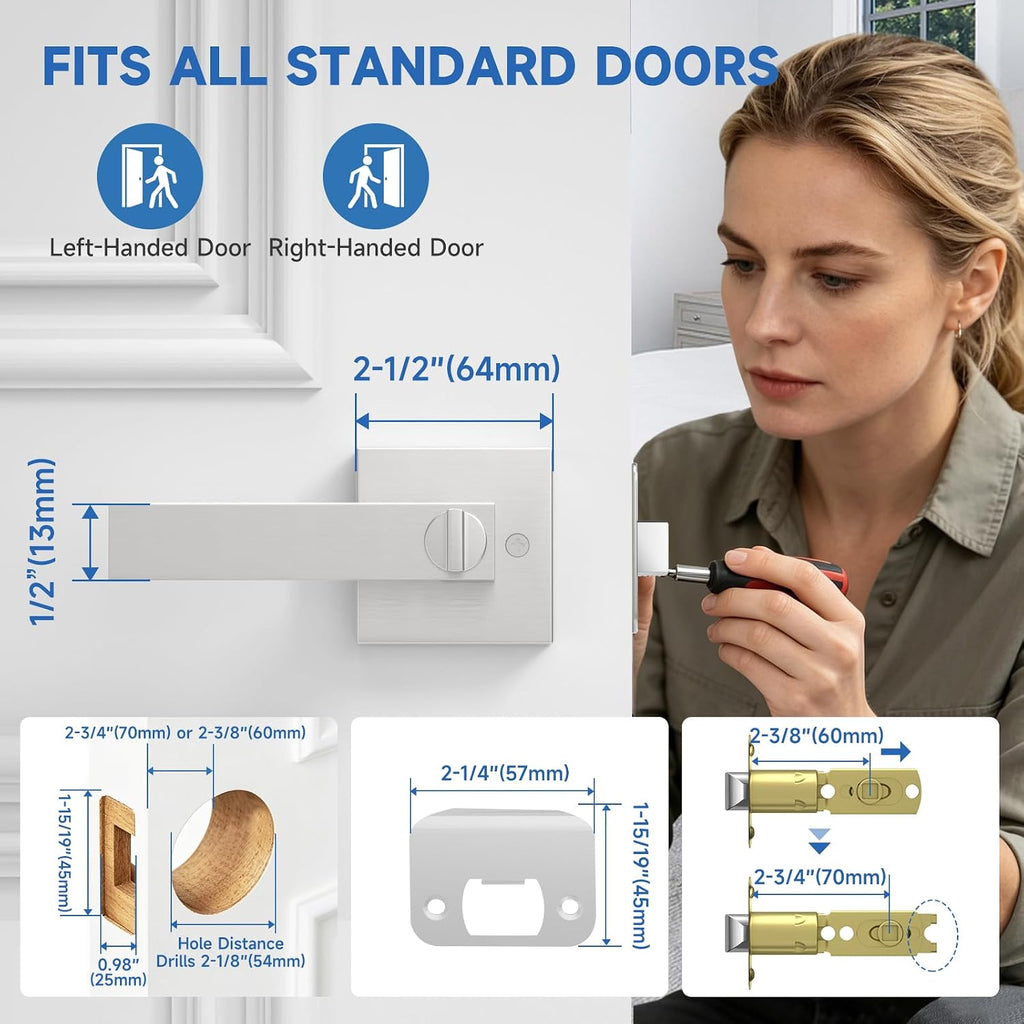 3 Pack Privacy Square Brushed Nickel Door Handles, Interior Keyless Door Knobs /Bathroom, Reversible for Left & Right