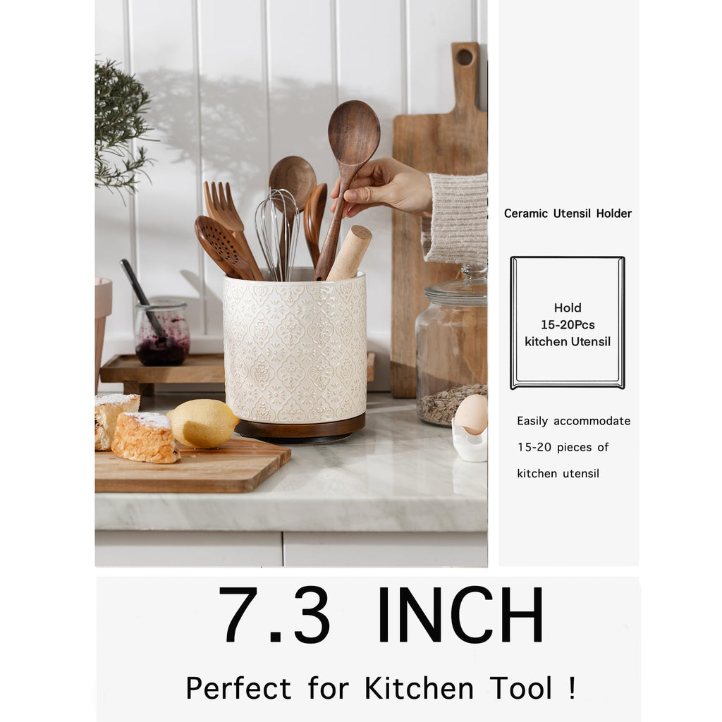 Kitchen Utensil Holder, 360° Rotating Extra Large Ceramic Utensil Holder with Embossed Pattern, 7.3" Cooking Utensil