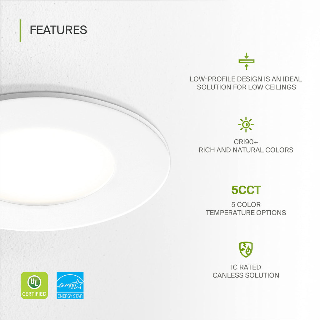 6 Pack 3 Inch LED Recessed Light 6W, 5 CCT 2700K-5000K CRI90+, IC Rated Ultra Thin Dimmable Ceiling Lights with J