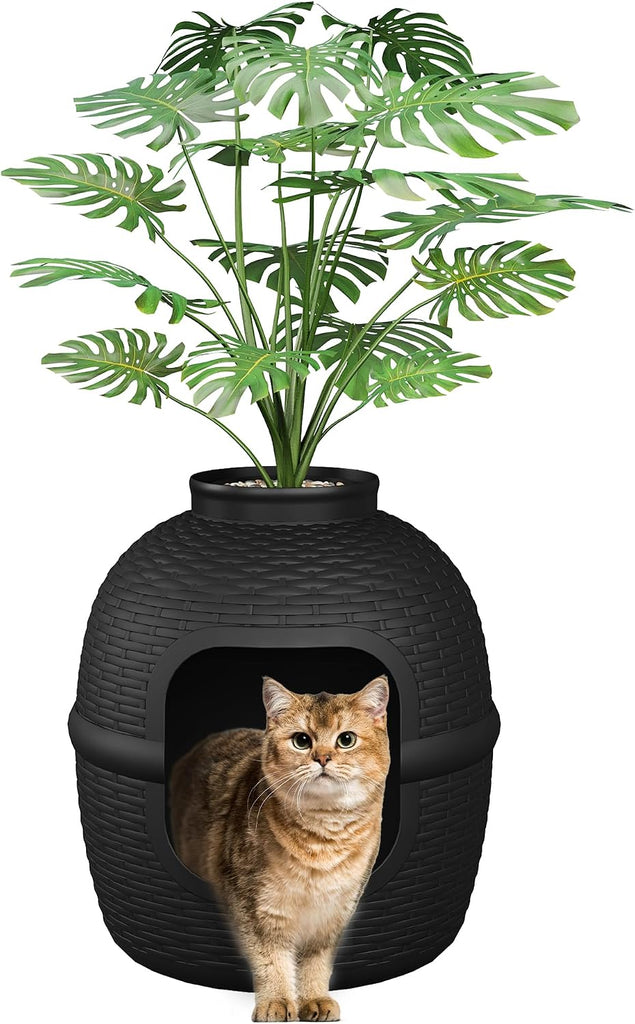 Large Cat Litter Box, Hidden Litter Box with Faux Plant, Heavy Duty Litterbox Enclosure Furniture with Rattan