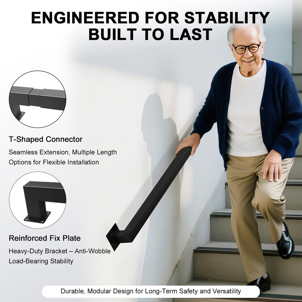 7FT Stair Railing Indoor, Black Metal Wall Mounted Handrail for Stairs, 500lbs Load Capacity Industrial Pipe Hand