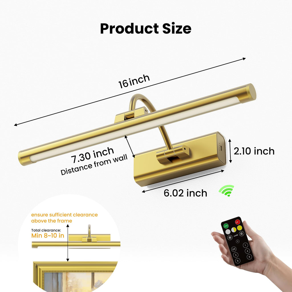 16" Light for Wall Picture with 6000mAh Battery - Brass Operated Wireless Wall Art Light with Remote Control