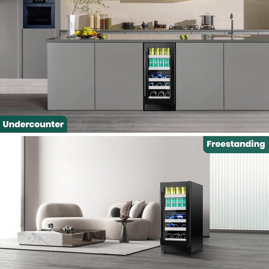 15 Inch Wine and Beverage Refrigerator,13 Bottle & 48 Cans Black Dual Zone Bever